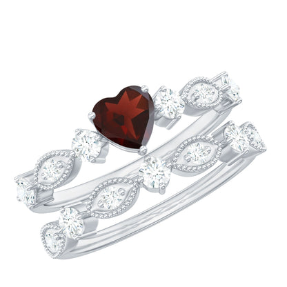 Natural Garnet Diamond Heart Engagement Ring with Wedding Band