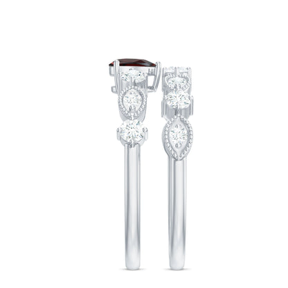 Natural Garnet Diamond Heart Engagement Ring with Wedding Band