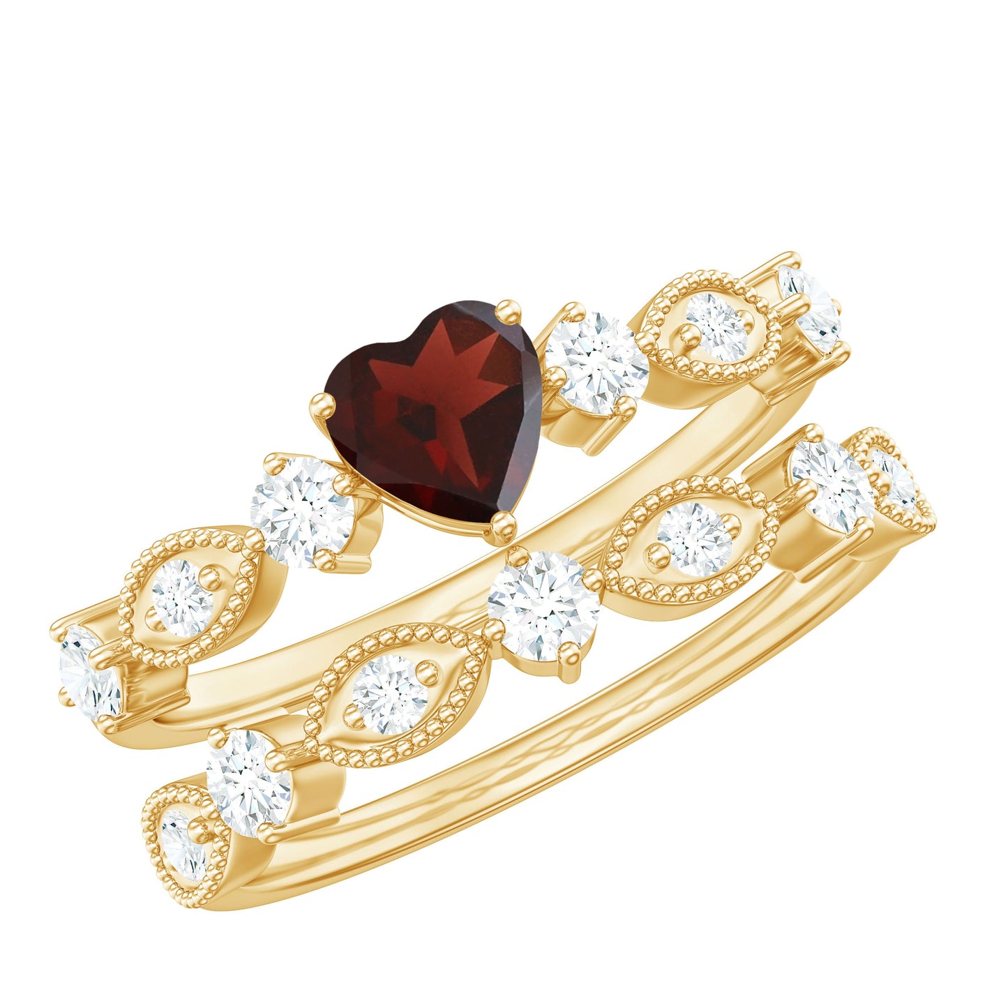 Natural Garnet Diamond Heart Engagement Ring with Wedding Band