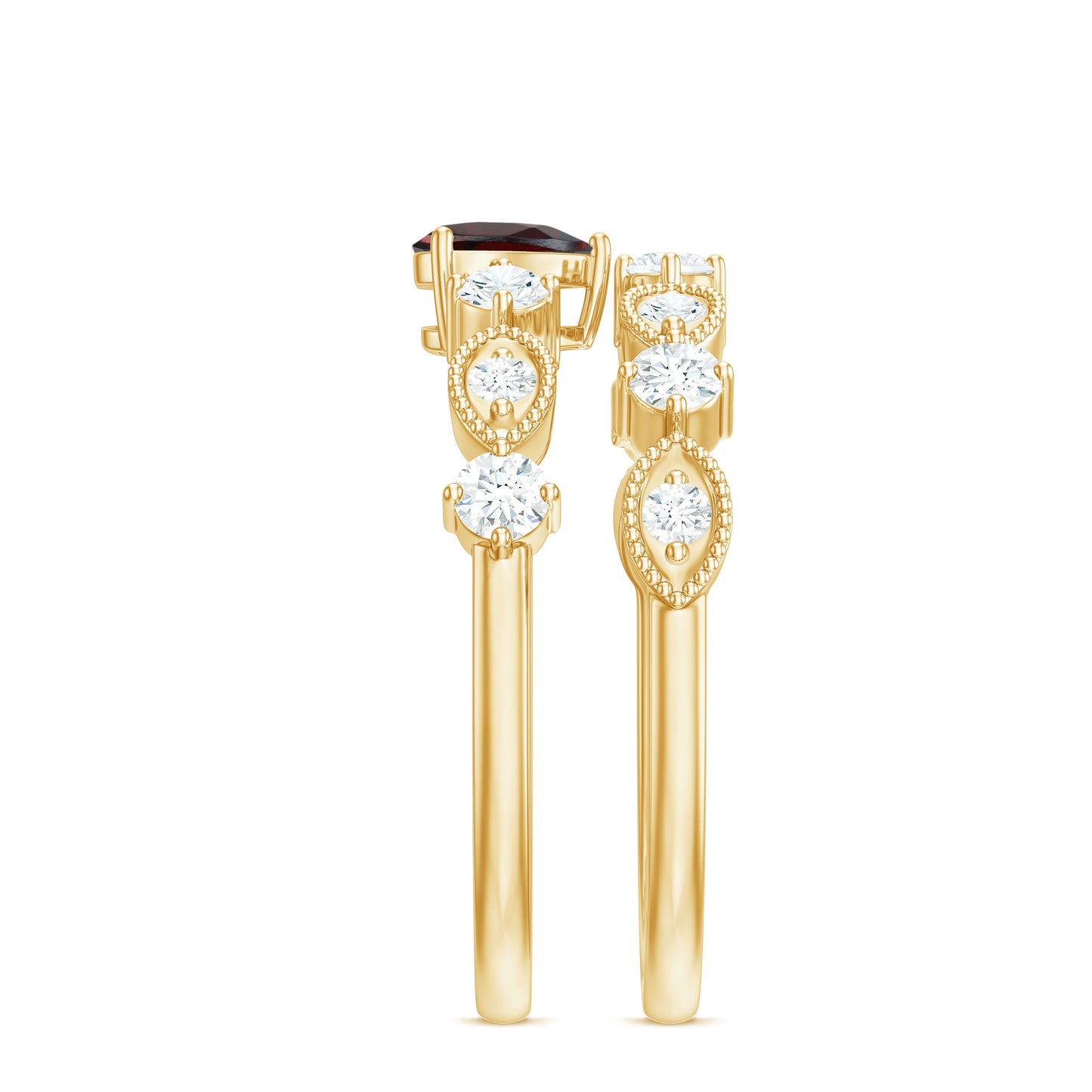 Natural Garnet Diamond Heart Engagement Ring with Wedding Band