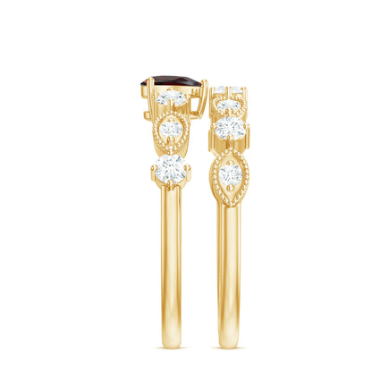 Natural Garnet Diamond Heart Engagement Ring with Wedding Band