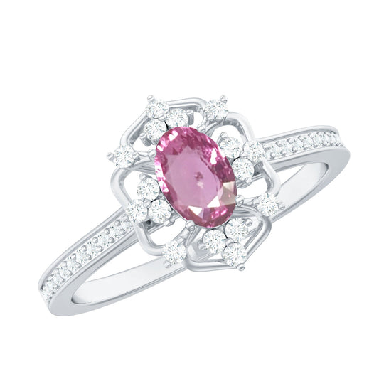 Natural Pink Sapphire Diamond Vintage Engagement Ring in Silver