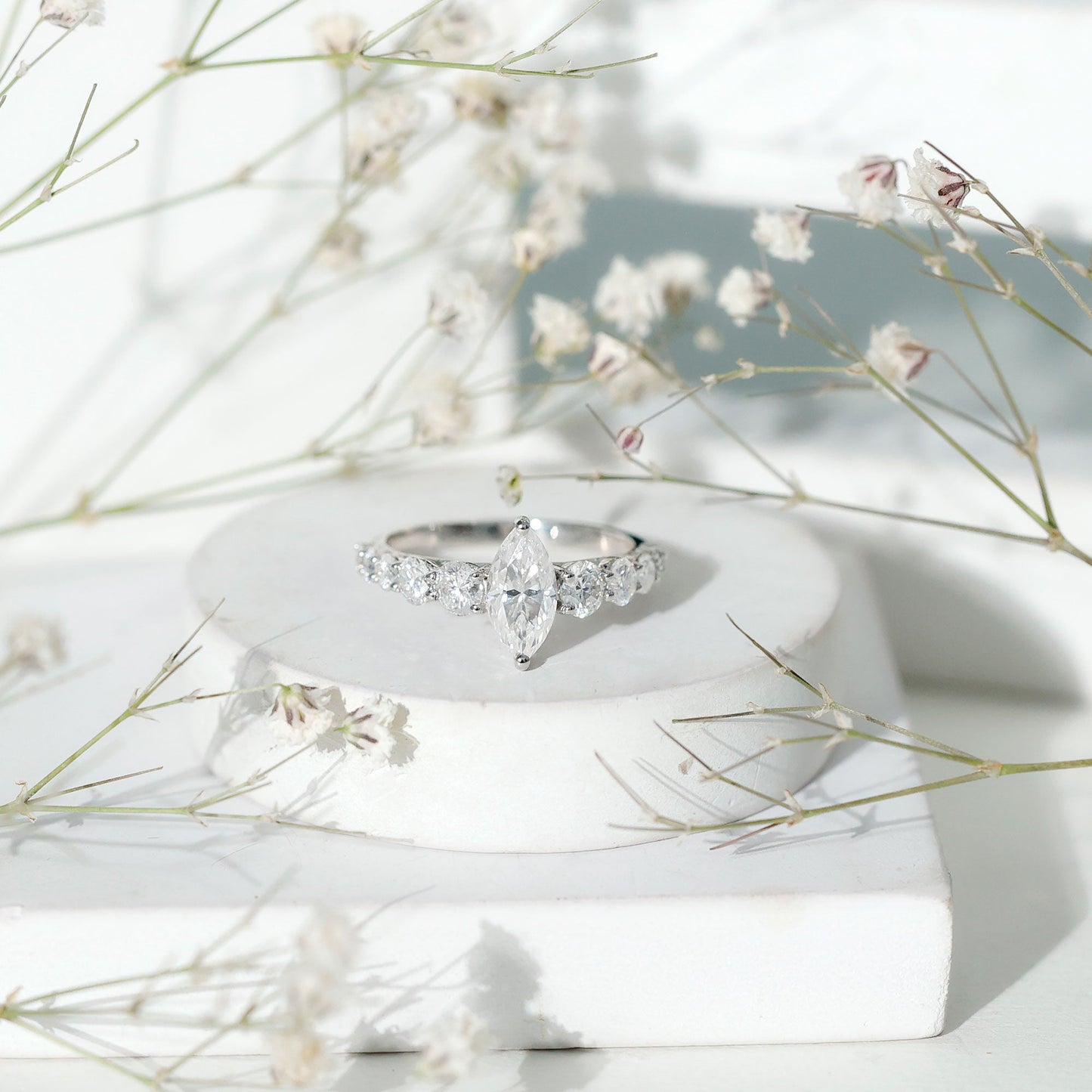 Marquise Cut Moissanite Engagement Ring with Side Stones