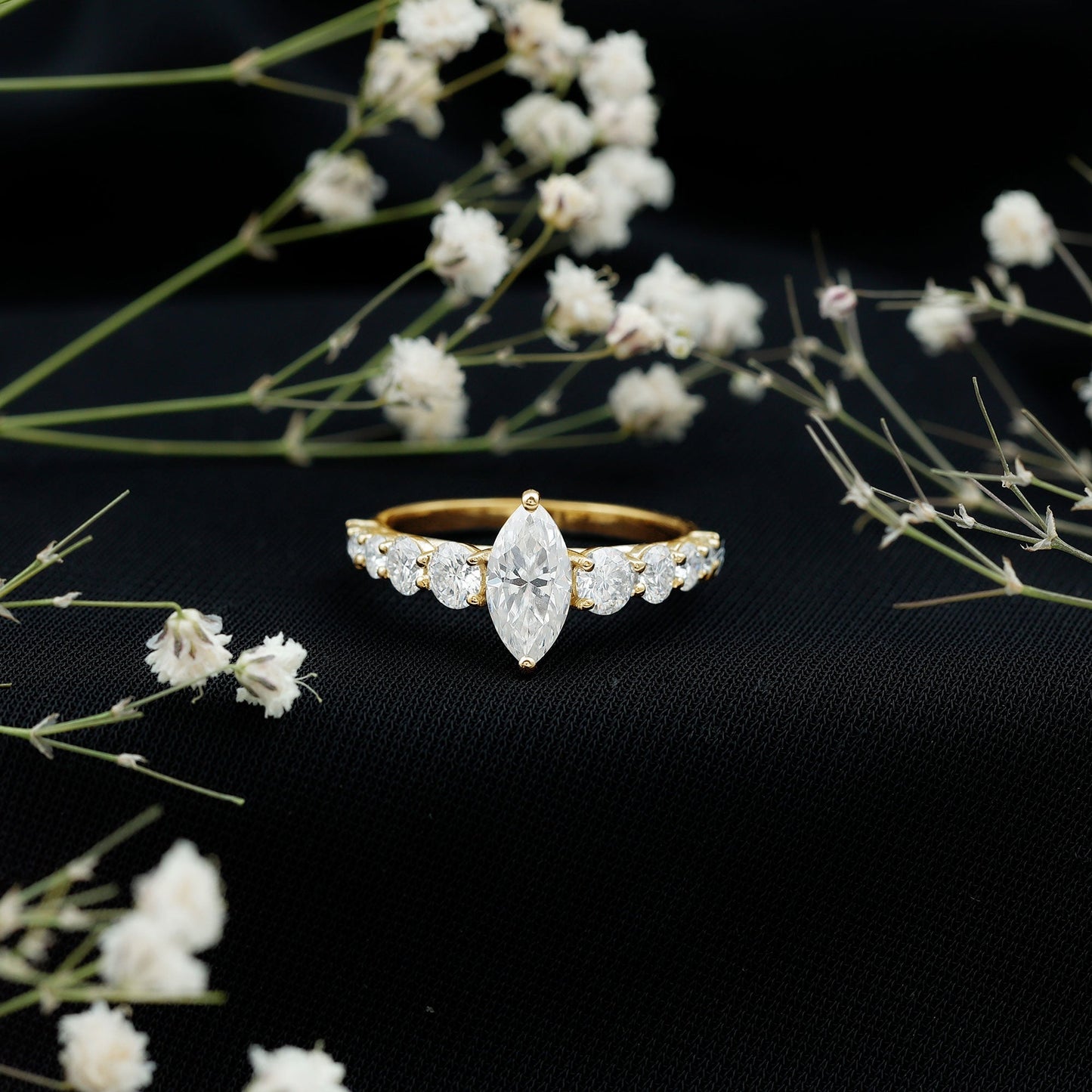 Marquise Cut Moissanite Engagement Ring with Side Stones