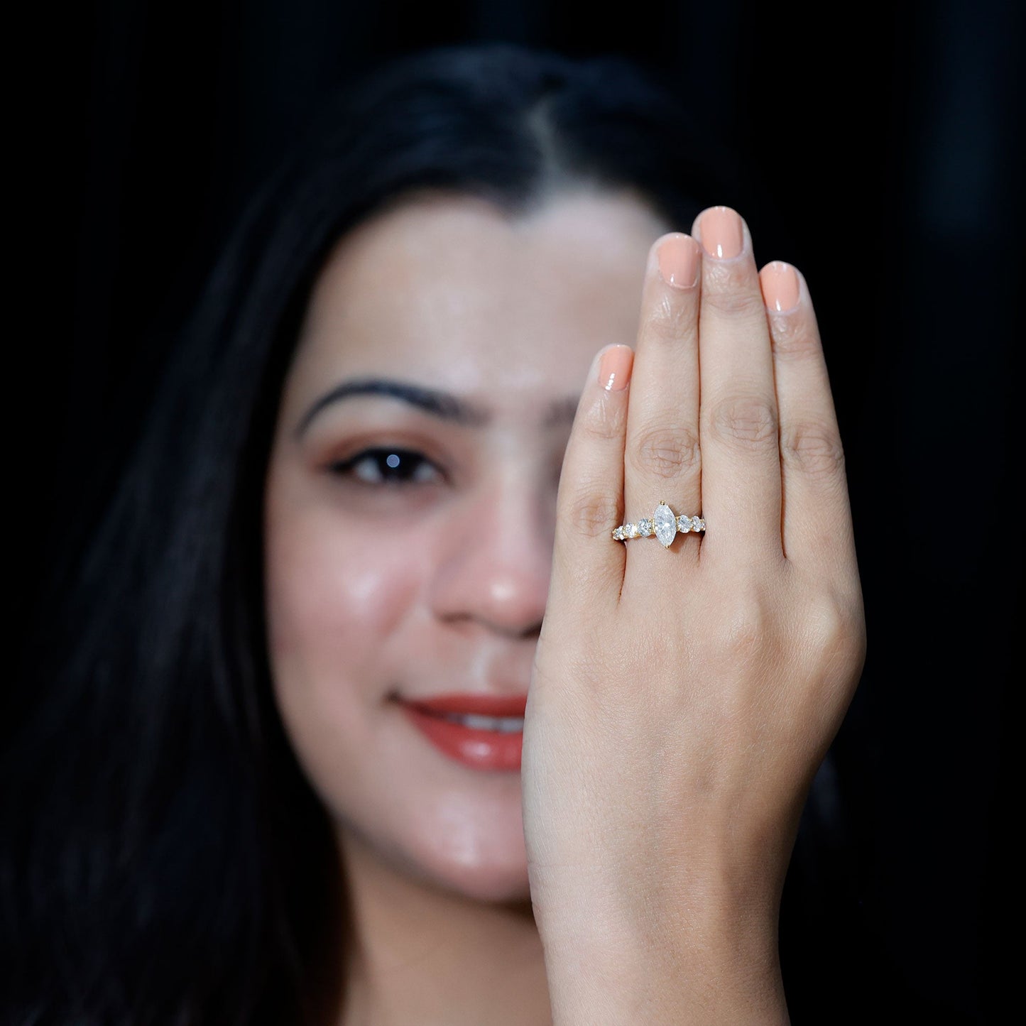 Marquise Cut Moissanite Engagement Ring with Side Stones