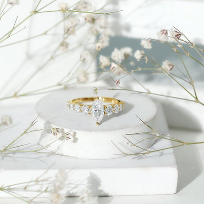 Marquise Cut Moissanite Engagement Ring with Side Stones