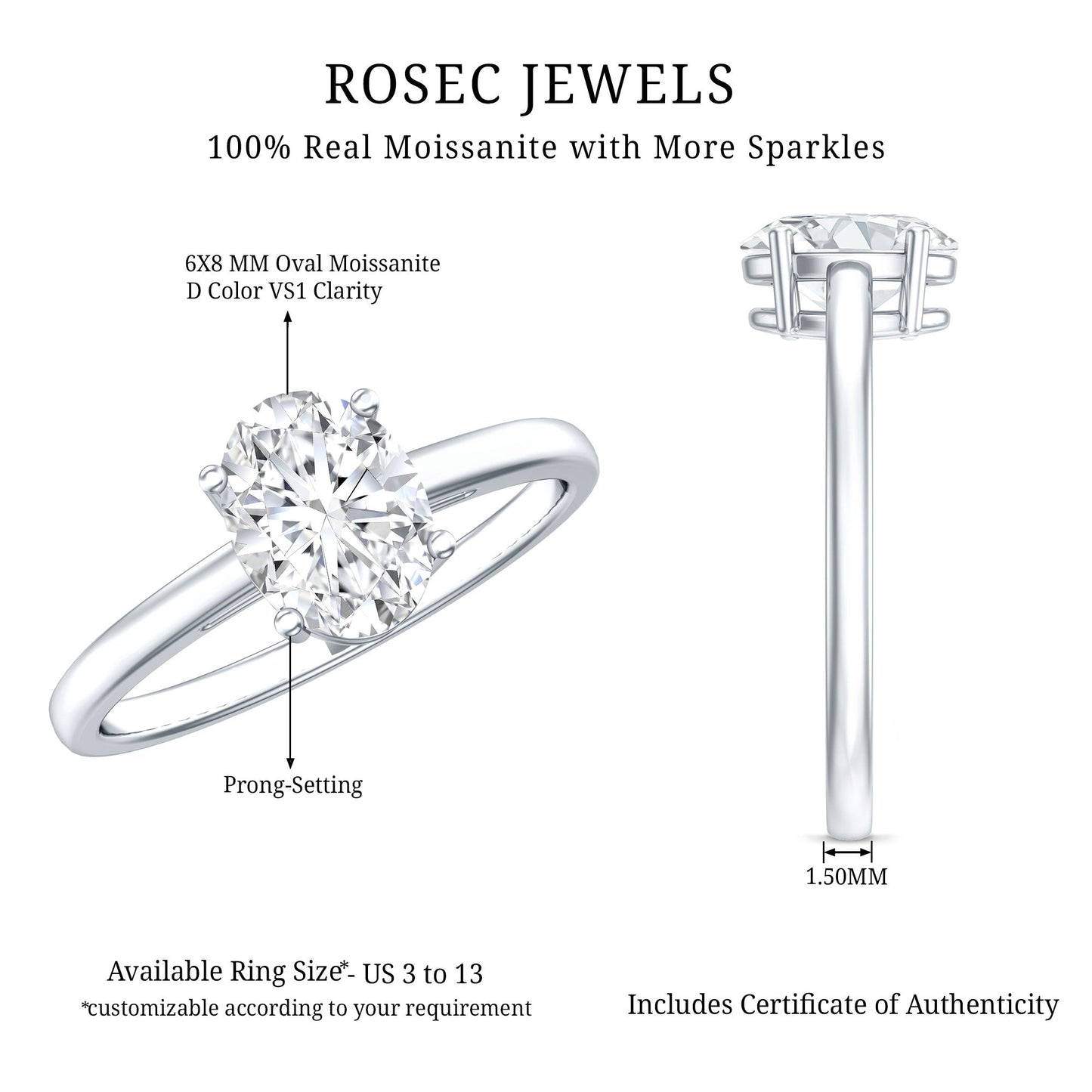 Certified 6X8mm Solitaire Moissanite Oval Engagement Ring