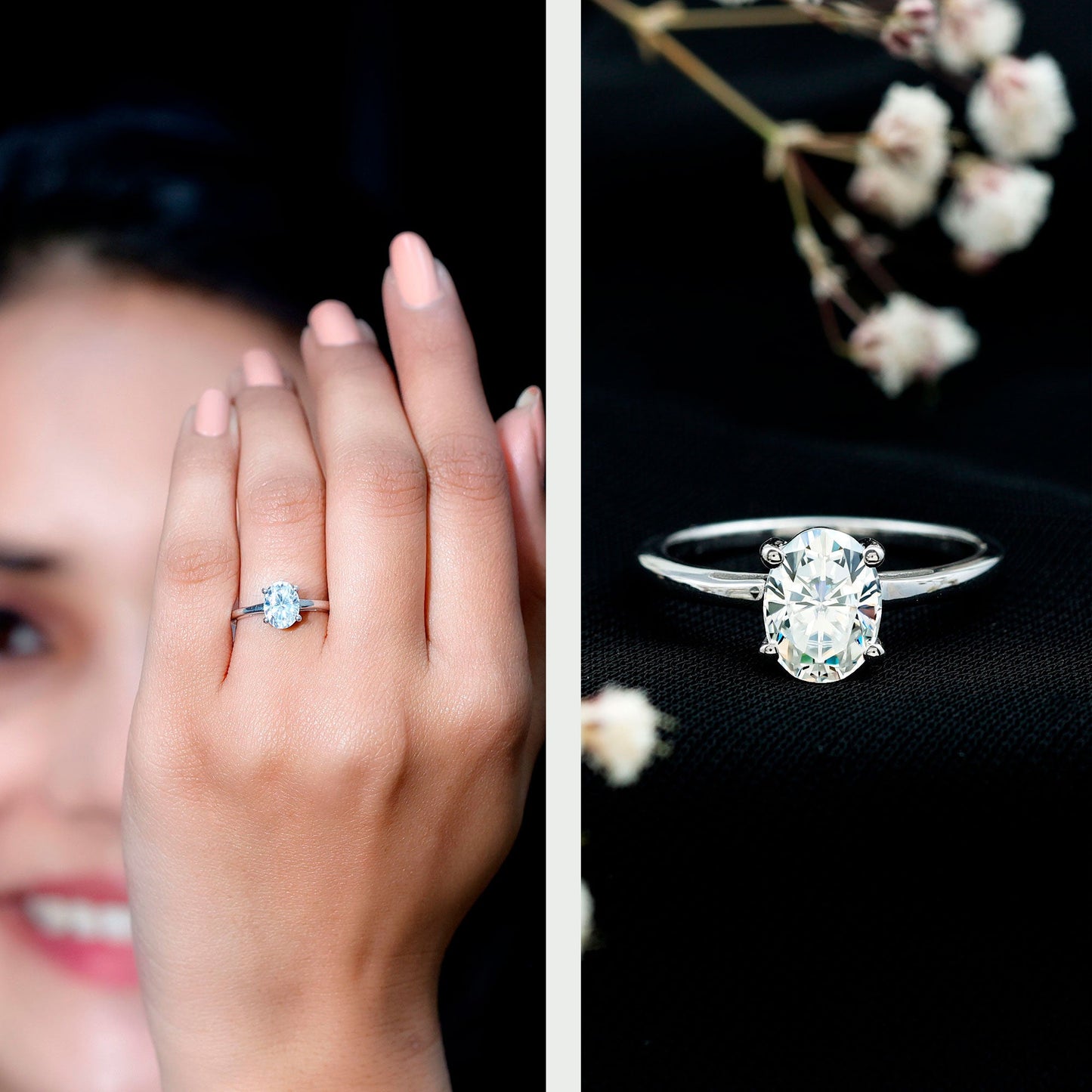 Certified 6X8mm Solitaire Moissanite Oval Engagement Ring