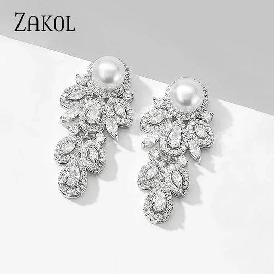 ZAKOL New Fashion CZ Zirconia Crystal Leaf Dangel Earrings for Women Luxury Bridal Wedding Party Jewelry
