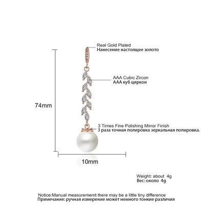 ZAKOL Fashion Round Imitation Pearls Drop Earrings for Women Shinny Zirconia Crystal Leaf Long Bridal Earring Wedding Jewelry