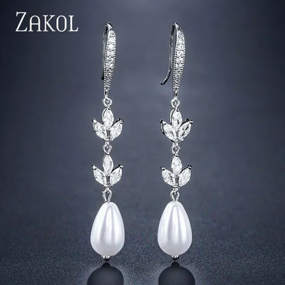 ZAKOL Fashion Round Imitation Pearls Drop Earrings for Women Shinny Zirconia Crystal Leaf Long Bridal Earring Wedding Jewelry