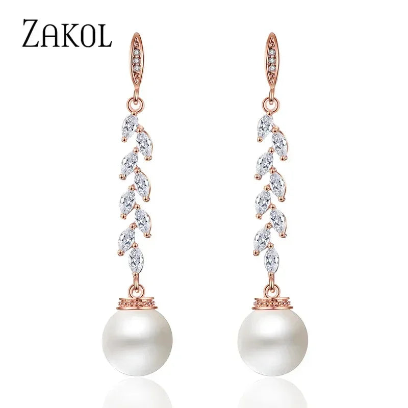 ZAKOL Fashion Round Imitation Pearls Drop Earrings for Women Shinny Zirconia Crystal Leaf Long Bridal Earring Wedding Jewelry