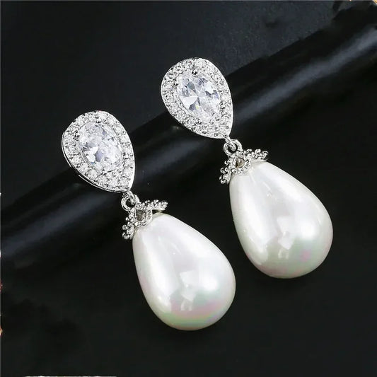 ZAKOL Stylish Teardrop Imitation Pearl Dangle Earrings Water Drop Cubic Zirconia for Women Bridal Earring Wedding Jewelry Bijoux