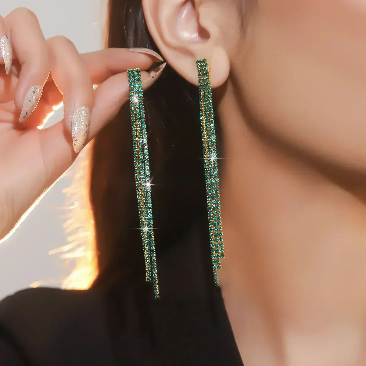 TREAZY Shiny 4 Lines  Rhinestone Crystal Tassel Long Earrings for Women Wedding Party Hanging Dangle Earrings Bridal Brincos