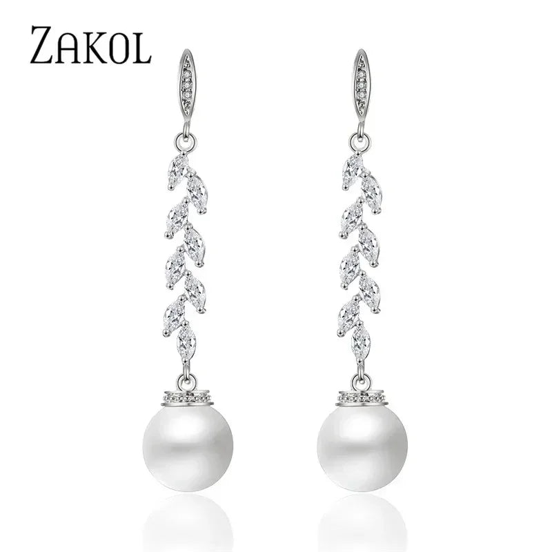 ZAKOL Fashion Round Imitation Pearls Drop Earrings for Women Shinny Zirconia Crystal Leaf Long Bridal Earring Wedding Jewelry
