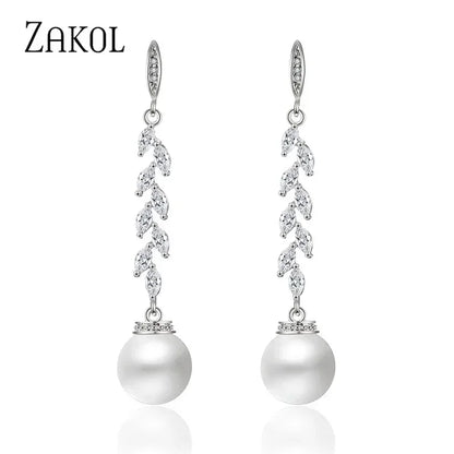 ZAKOL Fashion Round Imitation Pearls Drop Earrings for Women Shinny Zirconia Crystal Leaf Long Bridal Earring Wedding Jewelry