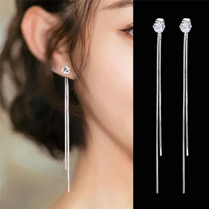 925 Silver Earring For Women Long Tassel Earrings Ear Line pendientes Fashion Zircon Star Drop Earrings