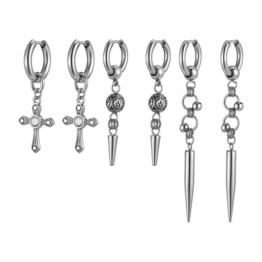 Punk Men's Huggies Earrings,Vintage Long Chain Stainless Steel Ear Drop,Stylish Cross Earring Gift