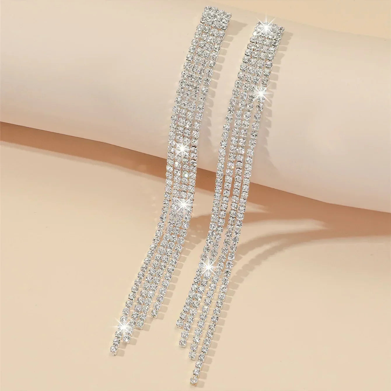 TREAZY Shiny 4 Lines  Rhinestone Crystal Tassel Long Earrings for Women Wedding Party Hanging Dangle Earrings Bridal Brincos