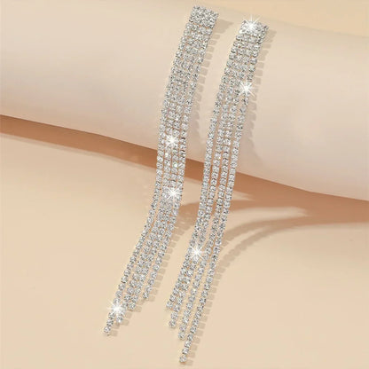 TREAZY Shiny 4 Lines  Rhinestone Crystal Tassel Long Earrings for Women Wedding Party Hanging Dangle Earrings Bridal Brincos