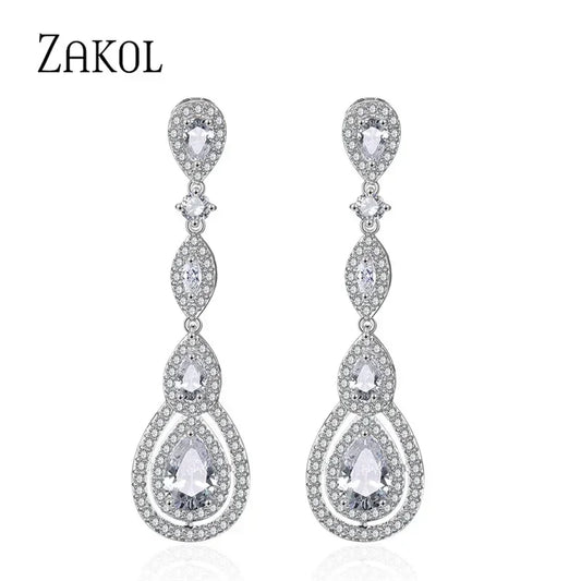 ZAKOL Luxury Water Drop Cubic Zircon Long Dangle Earrings for Women Bridal Wedding Jewelry Dress EP2114