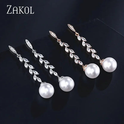 ZAKOL Fashion Round Imitation Pearls Drop Earrings for Women Shinny Zirconia Crystal Leaf Long Bridal Earring Wedding Jewelry