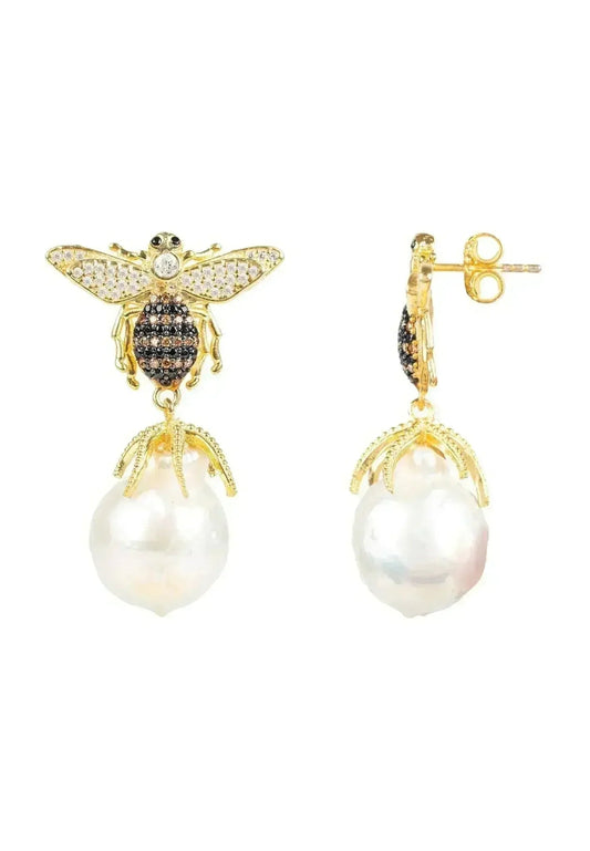 Baroque Pearl Bee Earrings | Gold Drop Nature-inspired Jewelry - Femstylo
