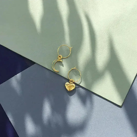 Crystal Moon Earrings | Turquoise Moon & Heart Charm Hoops - Femstylo