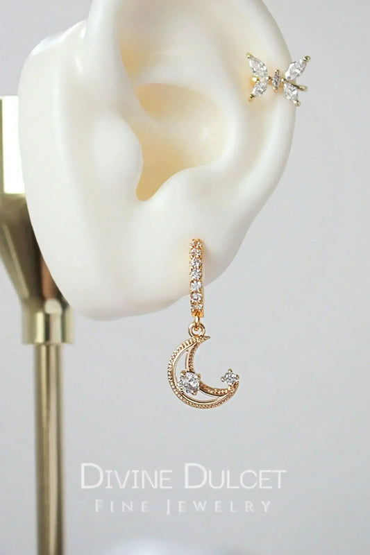 Moon Hoop Earrings - 24K Gold & Cubic Zirconia | Femstylo