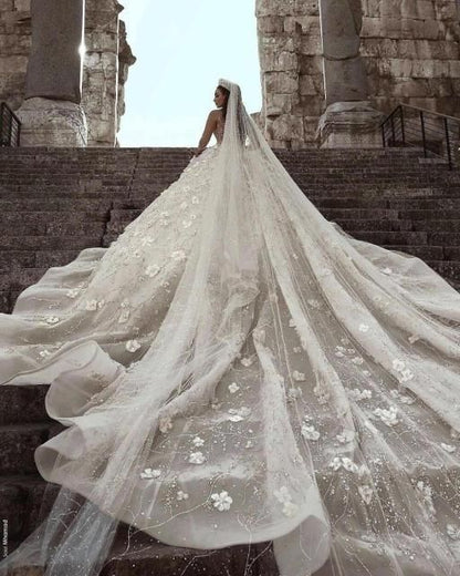 Luxury Beaded Lace Wedding Dress with 3D Floral Design
