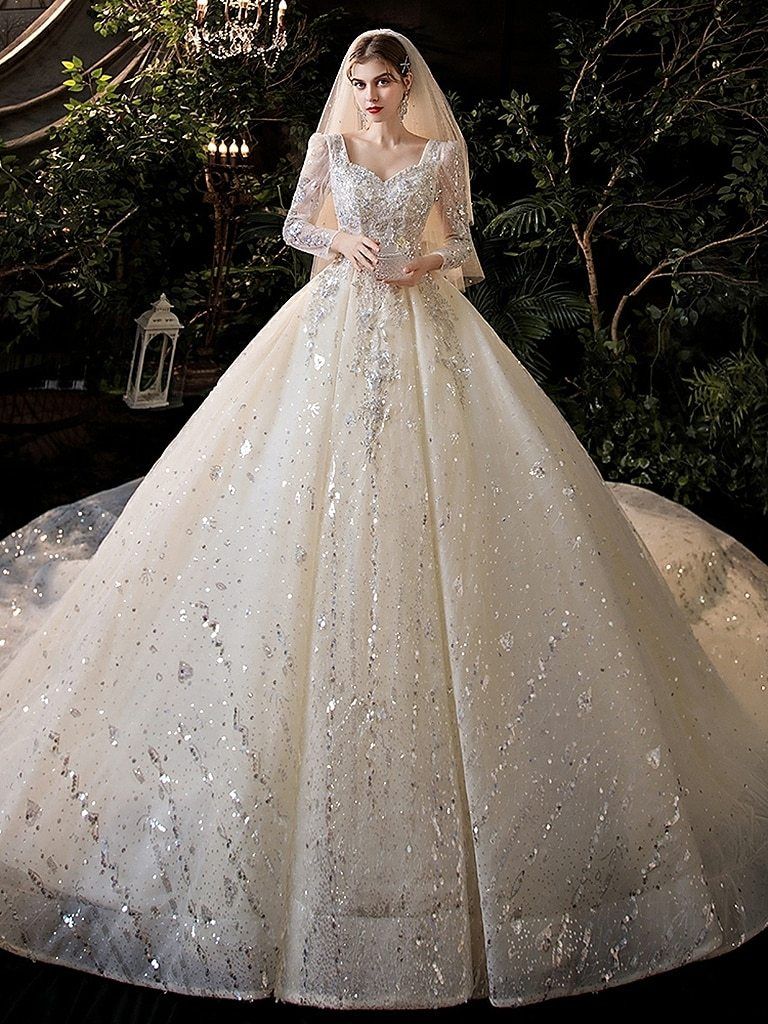 Luxury Princess Long Sleeves Wedding Dress with Crystal Sequined Lace