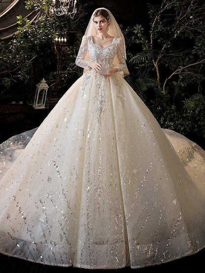 Luxury Princess Long Sleeves Wedding Dress with Crystal Sequined Lace
