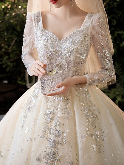 Luxury Princess Long Sleeves Wedding Dress with Crystal Sequined Lace