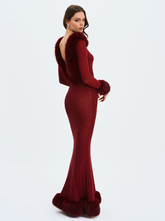 Mellie Burgundy Regular-Length Rhinestone Mesh Low Back Mermaid Gown